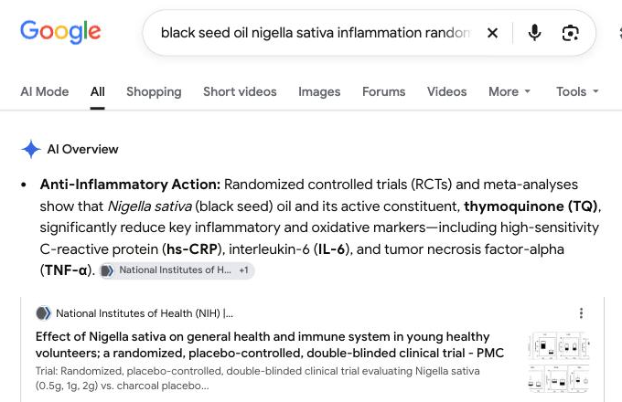 Google search results for black seed oil inflammation randomized controlled trials, showing research summaries and an NIH clinical trial