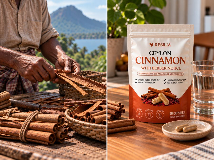 Ceylon cinnamon being rolled by hand next to a pouch of Resilia Ceylon Cinnamon with Berberine