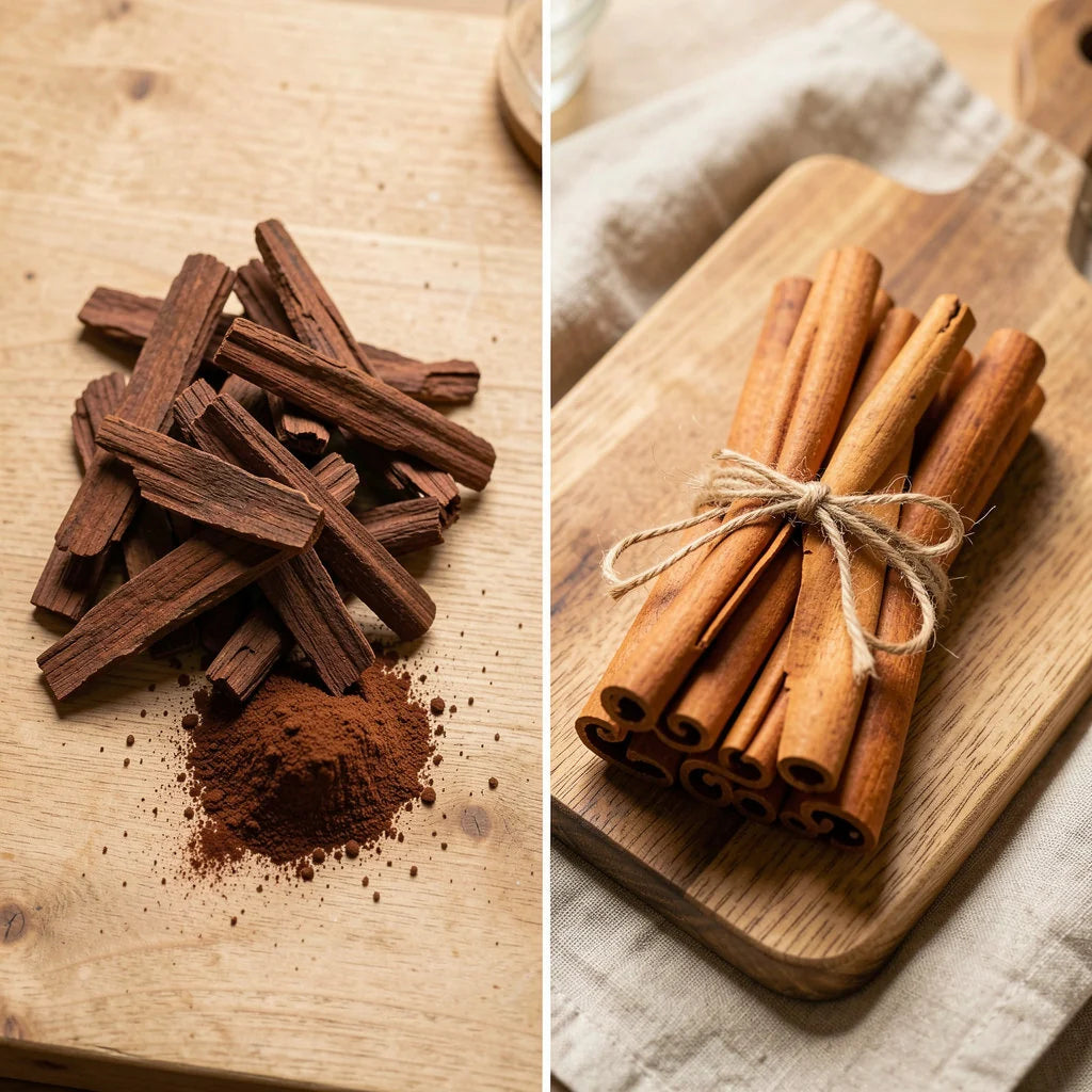 Cassia bark beside true Ceylon cinnamon quills