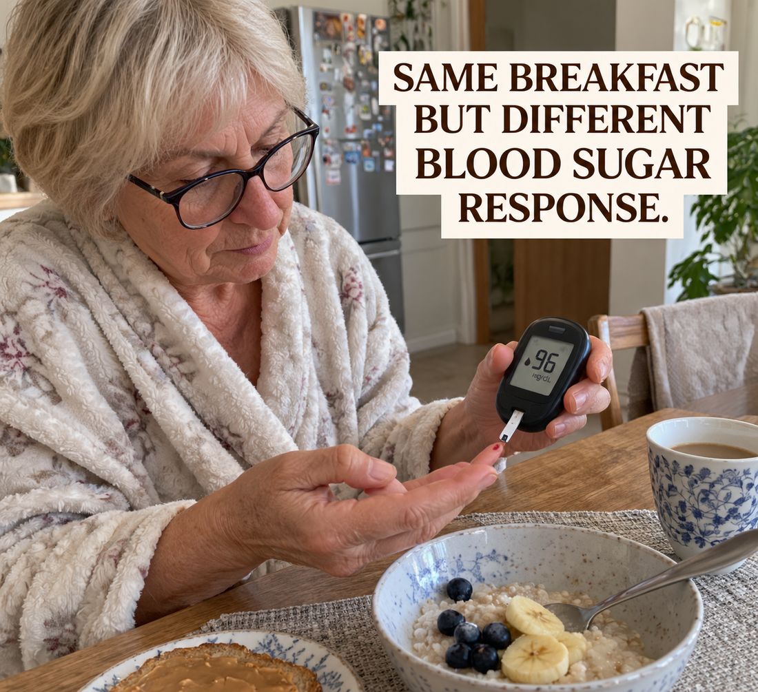 Woman checking her blood sugar with a meter at the breakfast table: same breakfast but different blood sugar response