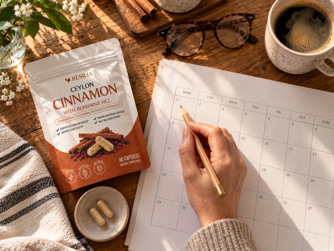Resilia Ceylon Cinnamon pouch next to a calendar and two capsules