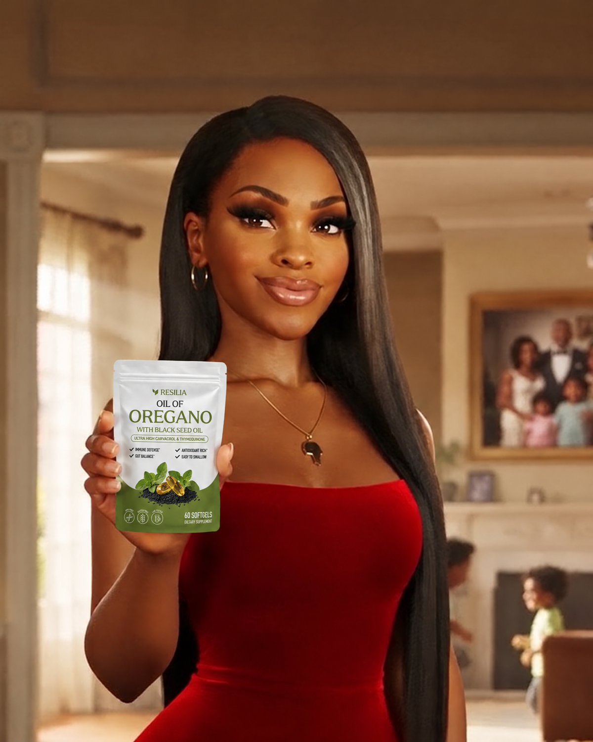 Her, six weeks later, holding her Resilia pouch