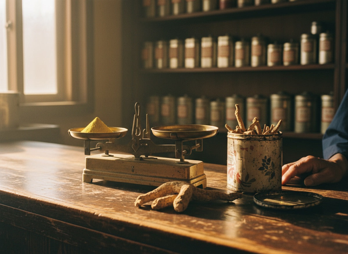 Yellow root powder on an antique brass scale