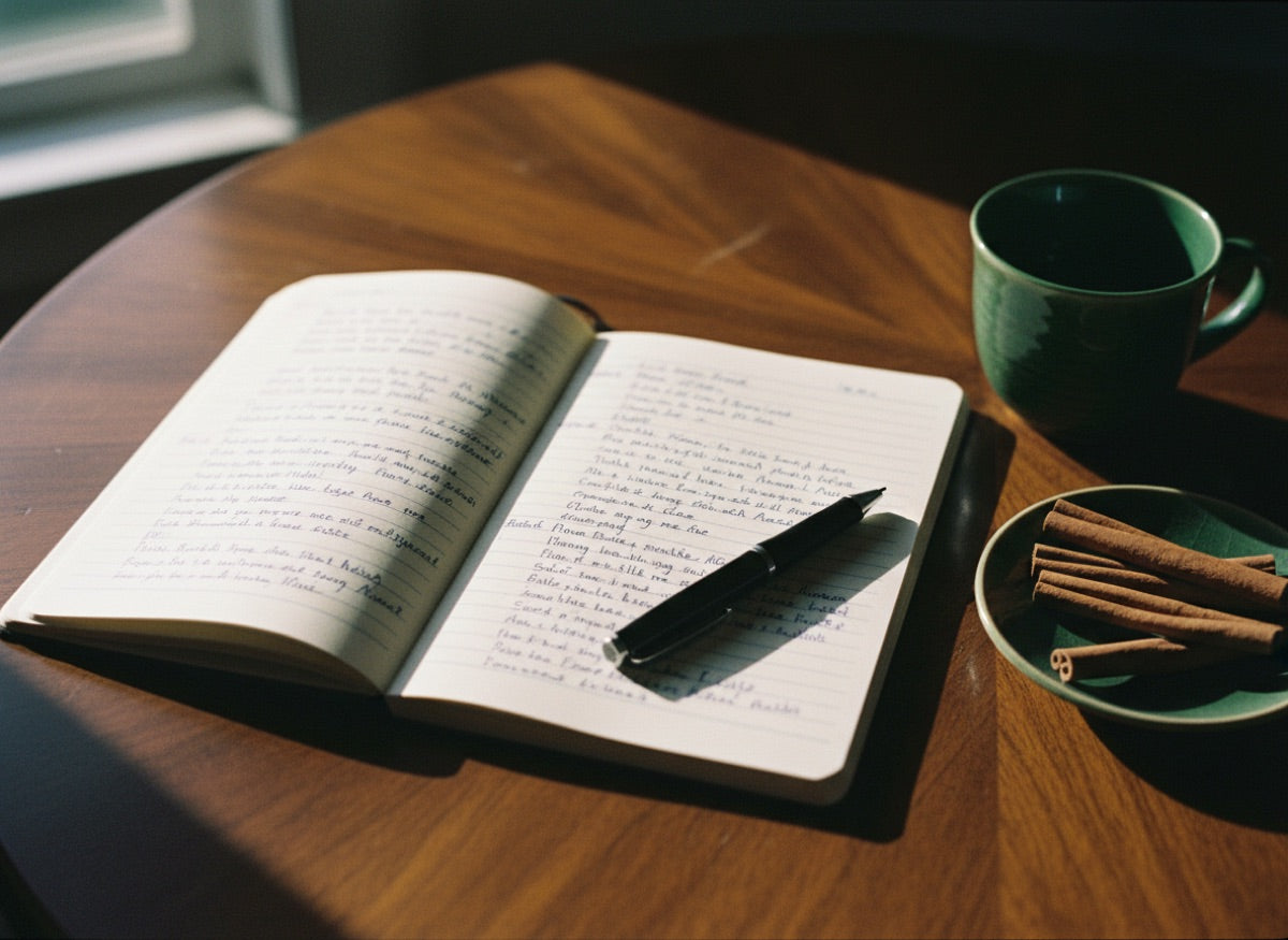 Handwritten notebook on a dining table