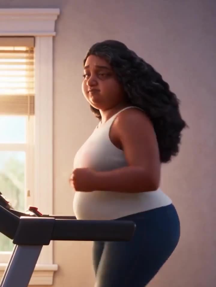 Her, before: heavier and puffy-faced, struggling through a workout on the treadmill
