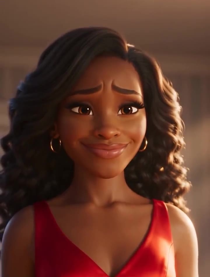 Her, six weeks later in the red dress, smiling at her reflection in the mirror