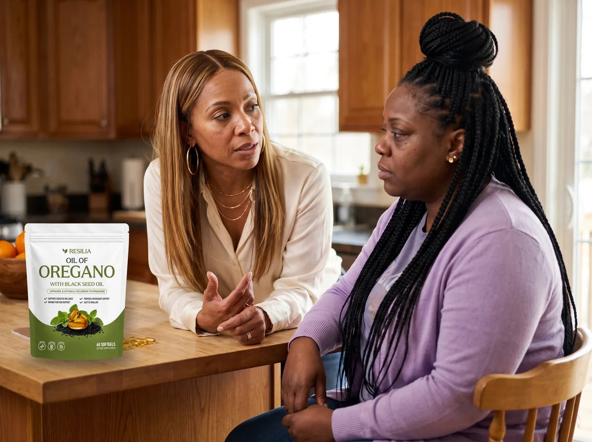 Elaine explains the Resilia pouch to Maya at the kitchen counter