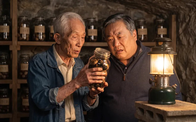 Kenji's 92-year-old father holding a jar of black aged garlic up to a lantern in a stone cellar while Kenji leans in