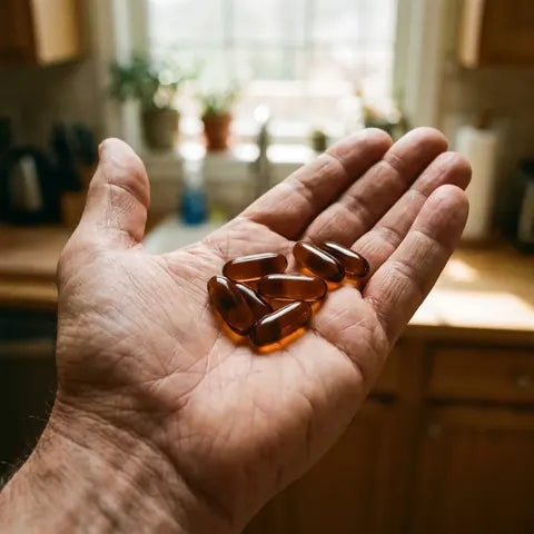 Dark amber aged garlic softgels in a palm