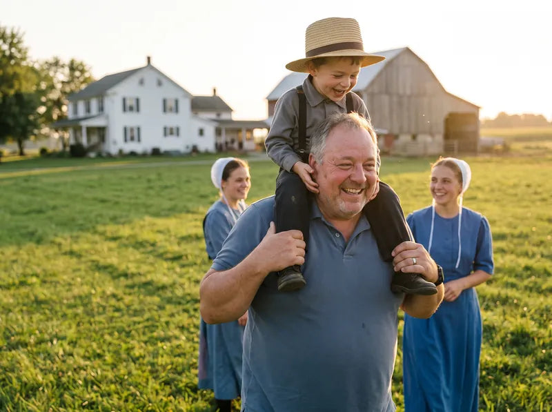 Mark carrying his grandson on his shoulders across the farm field