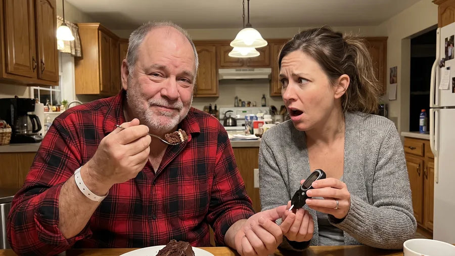 A daughter holds a glucose meter, shocked, as her father, still wearing his hospital wristband, eats a slice of cake