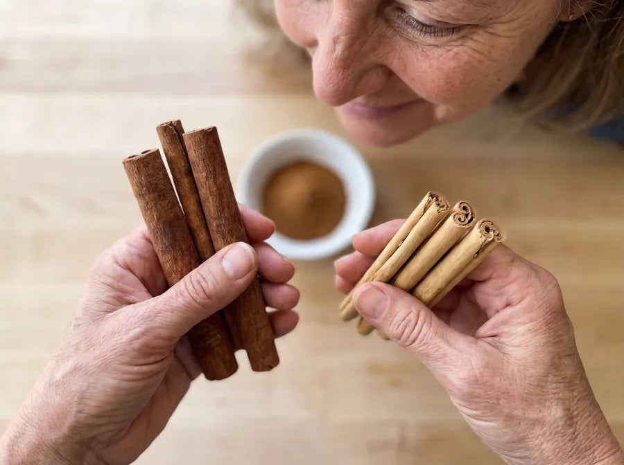 Left hand: thick, hard cassia sticks. Right hand: thin, layered Ceylon cinnamon quills