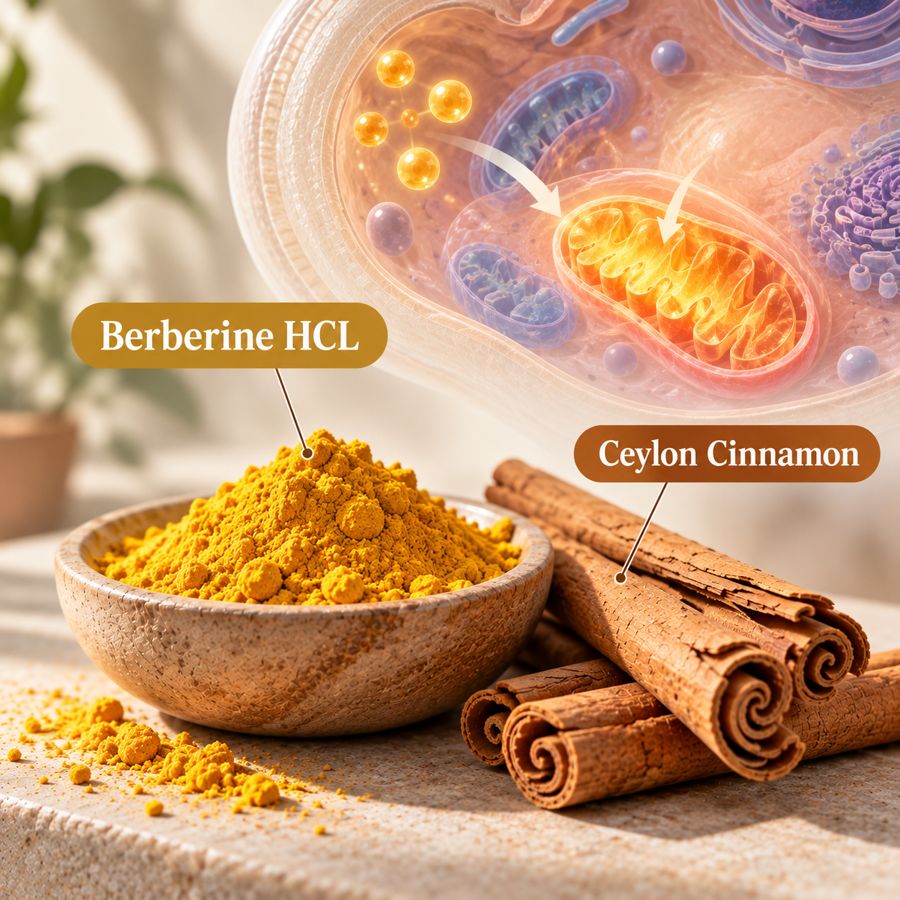 Berberine HCl powder and Ceylon cinnamon sticks beside an illustration of a cell