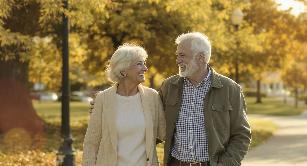 An older couple walking together in the late afternoon