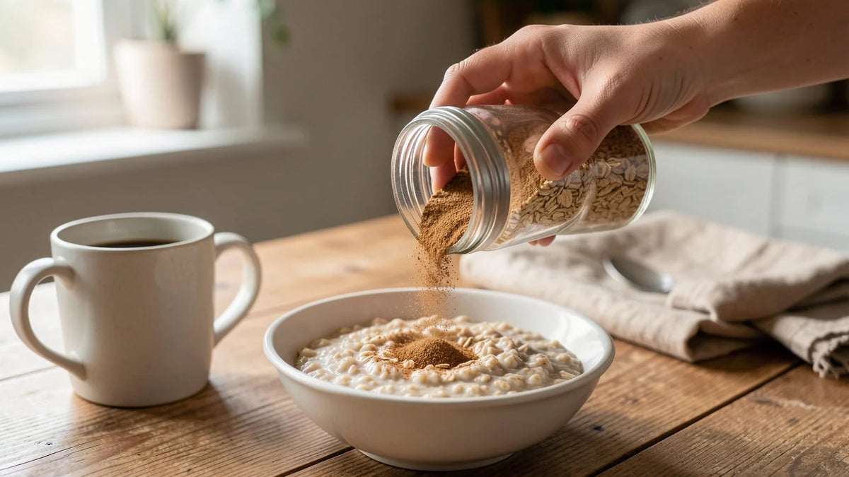 Shaking ground cinnamon over a bowl of oatmeal