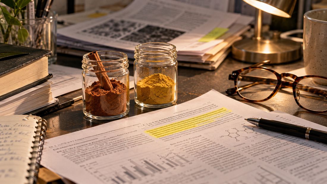 Jars of cinnamon and berberine powder on a desk with highlighted research papers