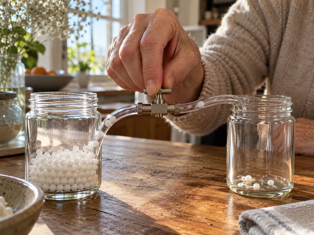 Hand adjusting a valve between two glass jars