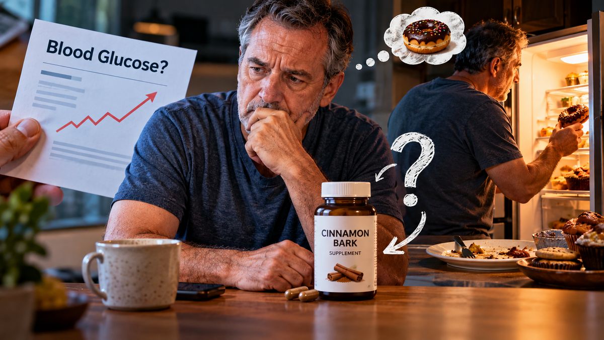 Man looking at a blood glucose report next to a cinnamon bark supplement bottle