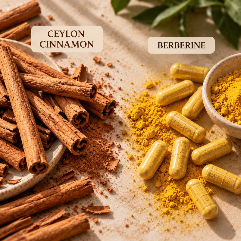 Ceylon cinnamon sticks beside berberine capsules and powder