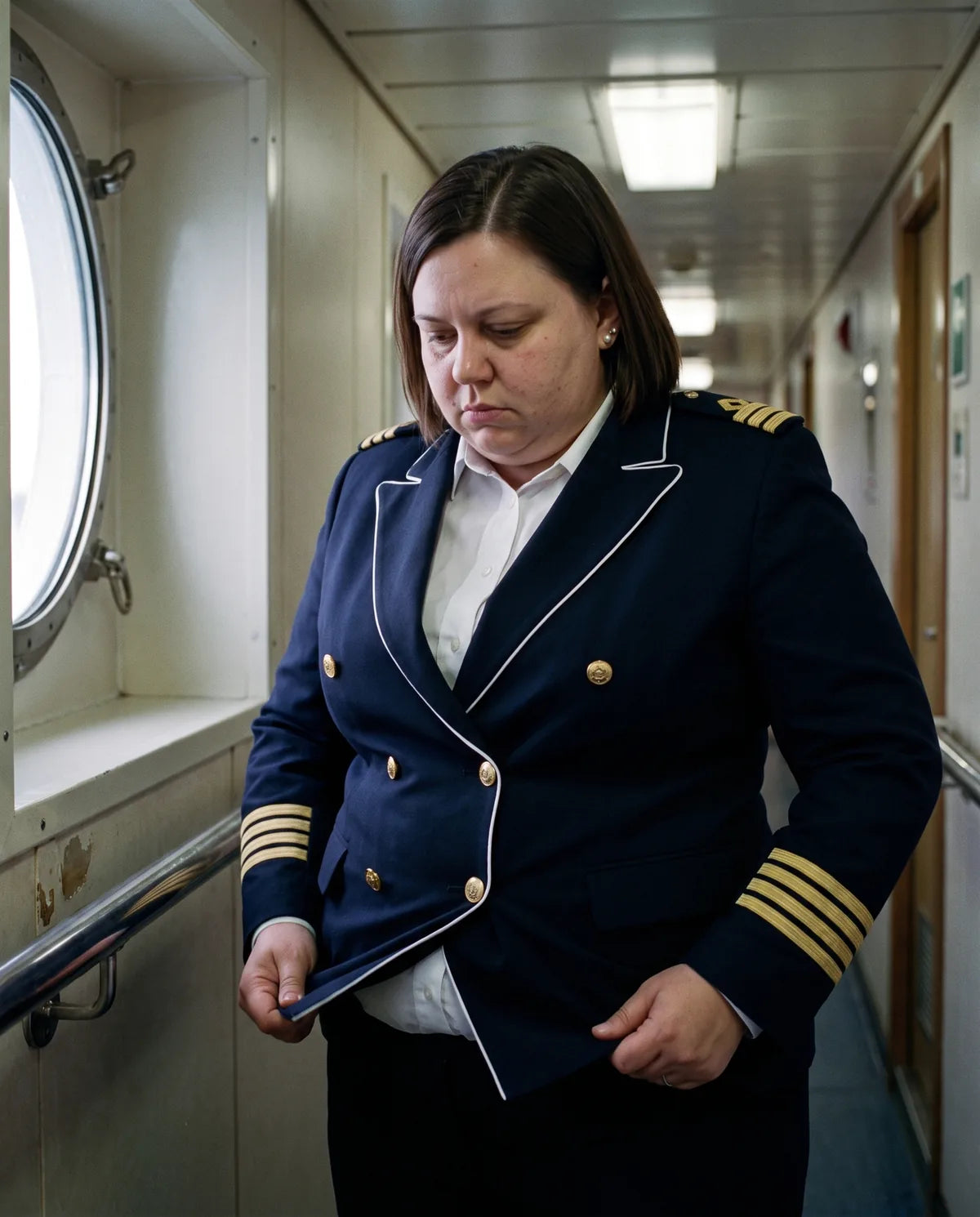 The attendant tugging her blazer over her stomach in the crew corridor
