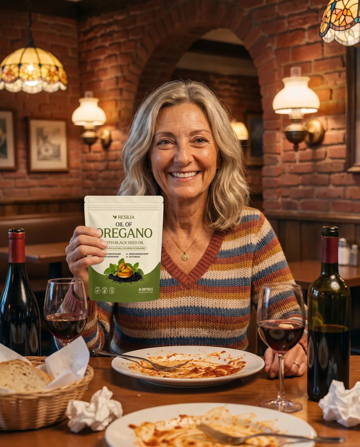 The Greek woman holding up the Resilia Oil of Oregano pouch at the table