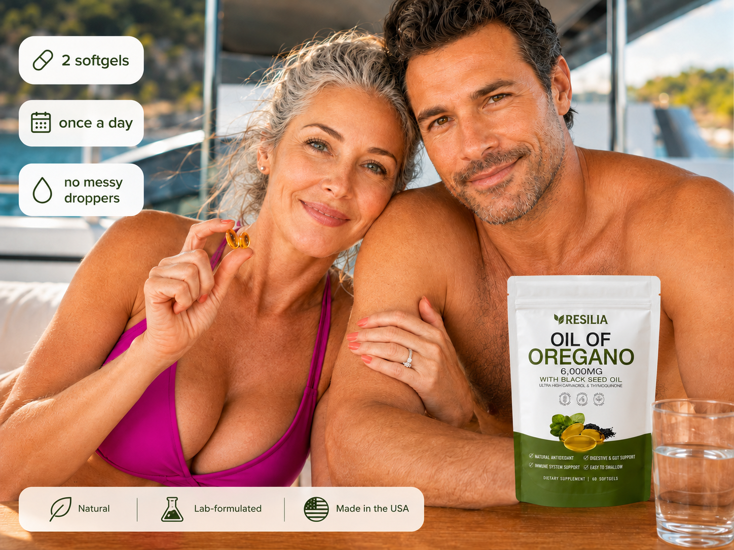 Couple on a yacht holding Resilia Oil of Oregano softgels