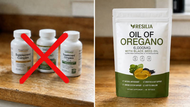 Generic prostate supplements compared with the Resilia Oil of Oregano pouch